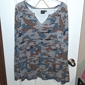 Mono B Blue and Brown Camo V-Neck Top